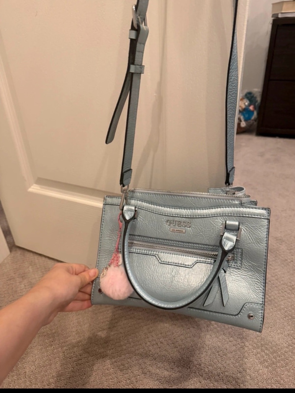 GUESS Powder Blue Leather Crossbody Satchel with Pom Charm